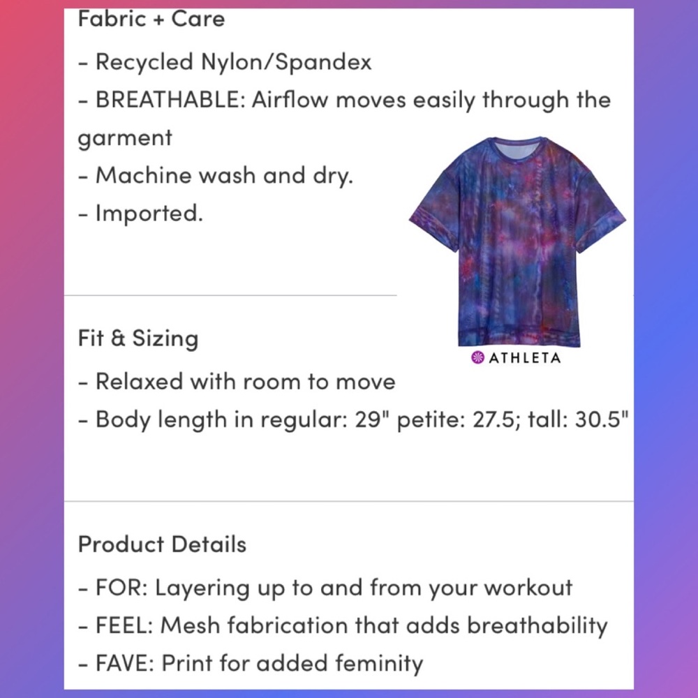 💥NWTS-$54 ATHLETA Top Medium Oversized Layering Mesh Purple Shirt M - Picture 2 of 2